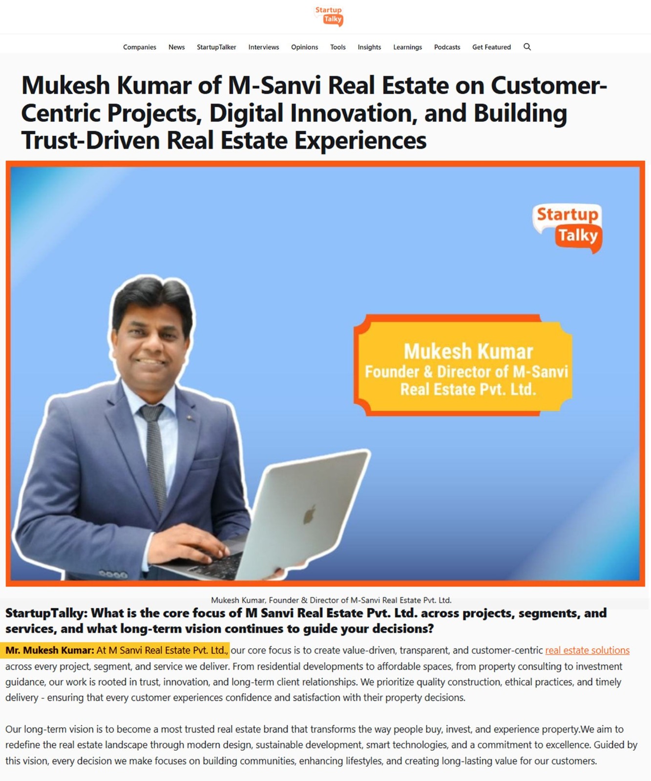M-Sanvi Real Estate in Vishwa times