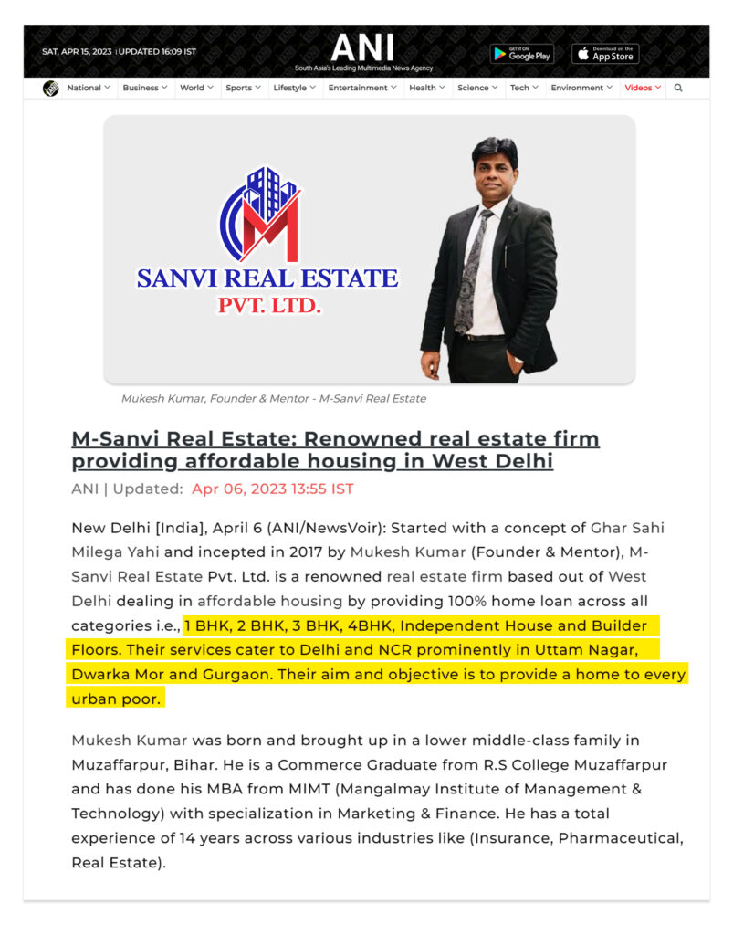 Sanvi Estate in Media ANI News